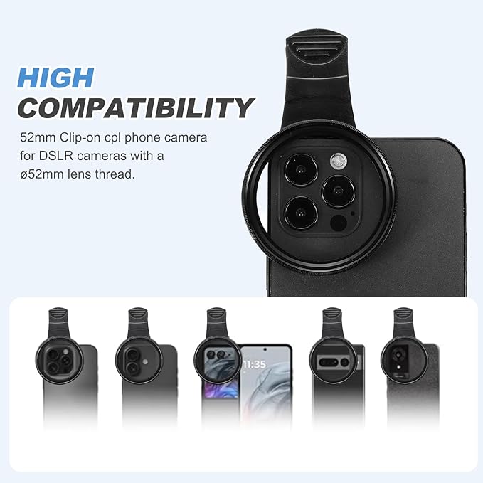 PATIKIL 52mm Phone Camera Lens, Clip-On 6 Point Star Filter Circular Polarizing Lens for Most Smart Phones and DSLR Cameras, Black