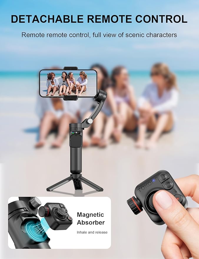 Gimbal Stabilizer for iPhone Phone Stabilizer with Detachable Remote Control, 3-Axis Phone Gimbal for Android & iPhone 16 15 Pro Max, Portable Foldable Ideal for Travel Vlogging