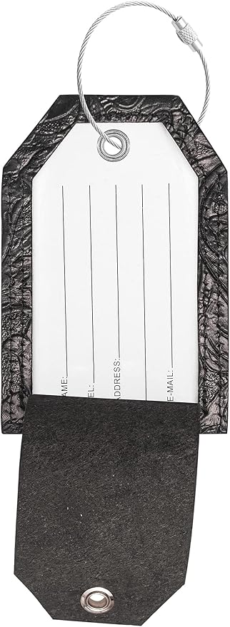 Genuine Leather Set of 2 Luggage Tag with Full Back Privacy Name ID Card Stainless Steel Loop Suitcase Labels Identifiers Baggage Tags Luggage for Women Men Travel (Black Flower)