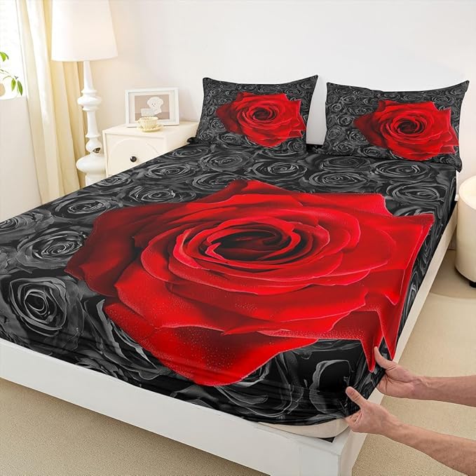 Erosebridal Red and Black Rose Sheet Set - Twin Valentine's Day Bedding for Women - Rose Print Fitted Sheet with Blossom Flowers - 3 Pcs with 1 Pillowcase