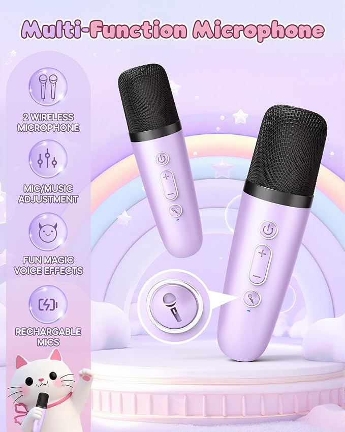 Mini Karaoke Machine for Kids, 2025 TOP Toys Birthday Gifts Ideas for Girls Ages 4, 5, 6, 7, 8, 9, 10, 12+ Years Old, Portable MP3 Player with 2 Wireless Mics for Party