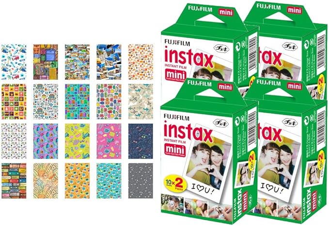 4X Fujifilm instax mini Instant Film (80 Exposures) Bundle with 20 Sticker Frames for Fuji Instax Prints Travel Package