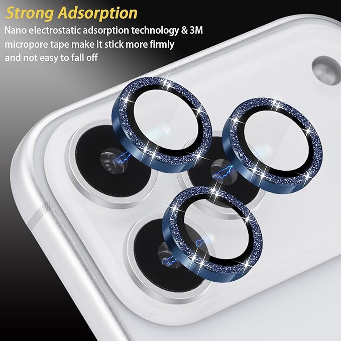 Camera Lens Protector for iPhone 17 Pro/17 Pro Max, Aluminum Alloy Tempered Glass Lens Protector with Installation Frame Fits for iPhone 17 Pro/17 Pro Max (Glitter Dark Blue)