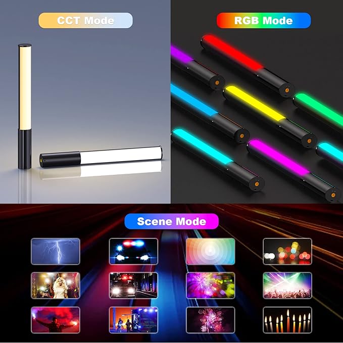 LUXCEO RGB LED Video Light Wand, Handheld Photography Light Stick with Remote Control, Dimmable 2500K-6500K CRI97+ Full-Color LED Light with 2500mAh Built-in Battery, 12 Light Scenes