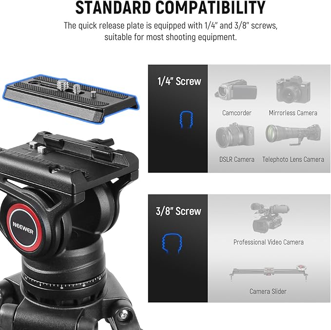 NEEWER 74" Video Tripod with Fluid Head & Damping Control, Aluminum Heavy Duty Camera Stand Professional with QR Plate for DSLR Camcorders for Video Recording, Cleaning Cloth, Max Load 17.6 lbs, TP74