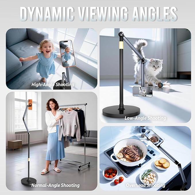 Magnetic Phone Floor Stand, Aluminum iPhone Overhead Stand with Adjustable Arm & Remote for Multi-Angle Creative Shooting, Stable Stand for iPhone/Android