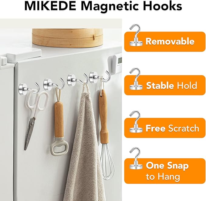 MIKEDE Magnetic Hooks, 50Lbs+ Heavy Duty Magnet Hooks for Cruise Cabins, Super Neodymium Hanging Hooks Strong Magnets with Hook for Fridge, Magnetic Hanger for Grill, Toolbox, Storage, Pack of 4