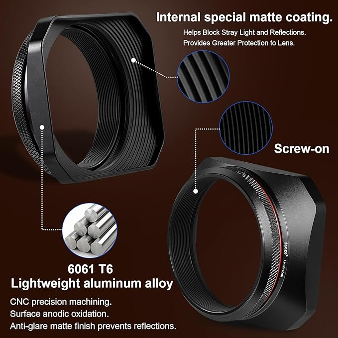 Haoge Square Metal Lens Hood with 49mm Uv Filter Adapter Ring for Fujifilm X100VI Fuji X100V X100F X100T X100S X70 Fuji Photo Camera Accessories LH-X1006B Black