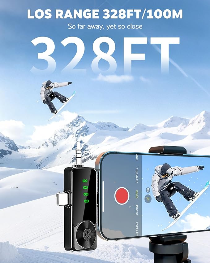 3-in-1 Wireless Lavalier Microphone for iPhone, Android, Cameras - Mini Microphone with Noise Reduction, 328FT Transmission and 40H Battery Life, 4 Mic for Video Recording, TikTok and YouTube