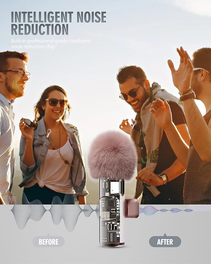PQRQP 3 in 1 Wireless Lavalier Microphone for iPhone, iPad, Android, Camera, Mini Microphone, 7-Hour Battery, High Definition Sound Quality for Interview, Video Podcast, Vlog (Pink)