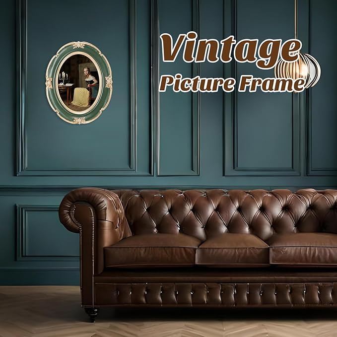 3 Pcs Green Vintage Picture Frame Set Antique Oval Picture Frames 4x6, 5x7 Inch Baroque Photo Ornate Frames with Glass Gift for Tabletop Hanging Wall Art Wedding Home(Antique Style)