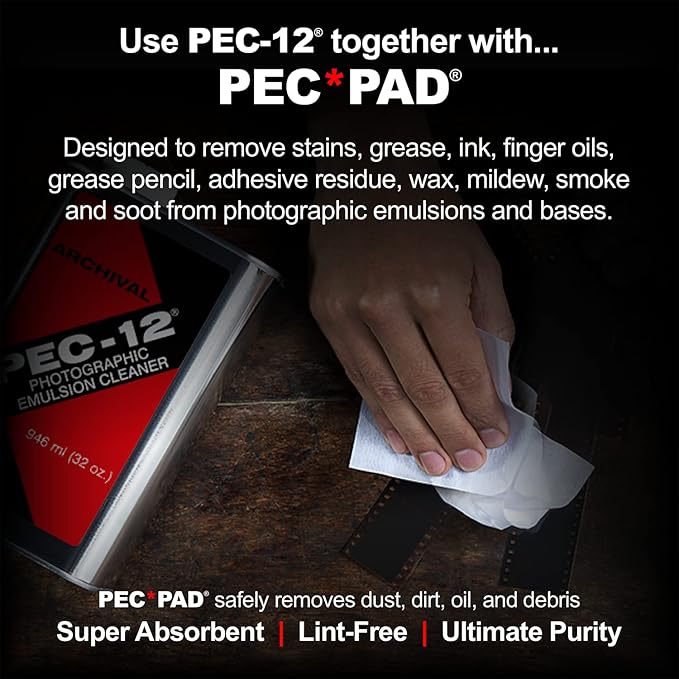 PEC-12 Photographic Emulsion Cleaner Kit and PEC-PAD Lint Free Non-Abrasive Wipes 4"x4" 100 Sheets per/Pkg - for Cleaning Film, Photo Negative, B&W Slide - Dropper Tip (59ml) 2oz