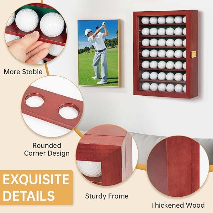 Golf Ball Display Case, Solid Wood Golf Ball Holder, Wall Mounted Golf Ball Rack with Acrylic Door for Golf Enthusiasts (Mahogany, for 42 Golf Balls)