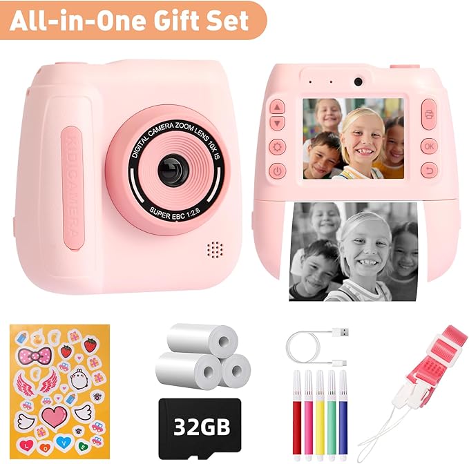 Kids Instant Print Camera with Thermal Printer – Pink Mini Digital Camera for Girls Boys Ages 3-12, USB Rechargeable, Fun DIY Stickers, Selfie Mode – Toy for Christmas Holiday Birthday Gifts (Pink)
