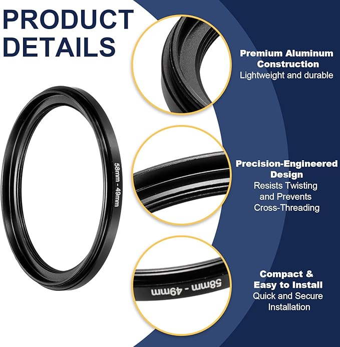 PATIKIL Step Down Ring Adapter 58mm to 49mm, Filter Step-Down Rings Camera Lens Filters Metal Ring Digital for ND IR DSLR Lenses, Black