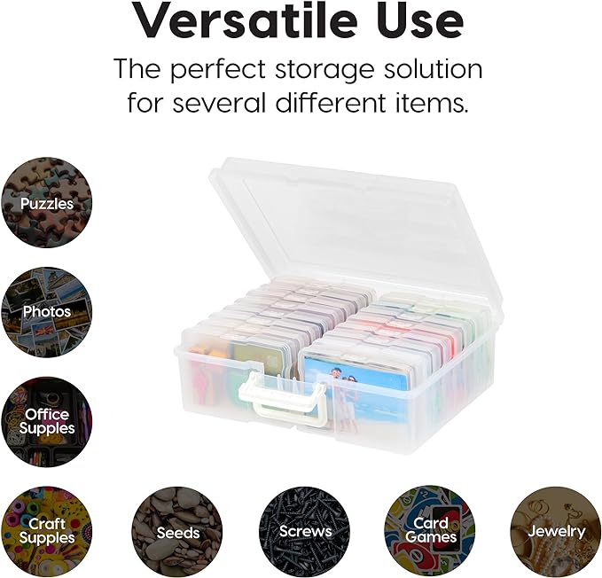 IRIS USA 4" x 6" Photo Storage Box Craft Keeper, Transparent Handle Container with 16 Organization Holder Cases for Pictures, Tasks, Scrapbooking, Ephemera, Stationery Storage, Clear