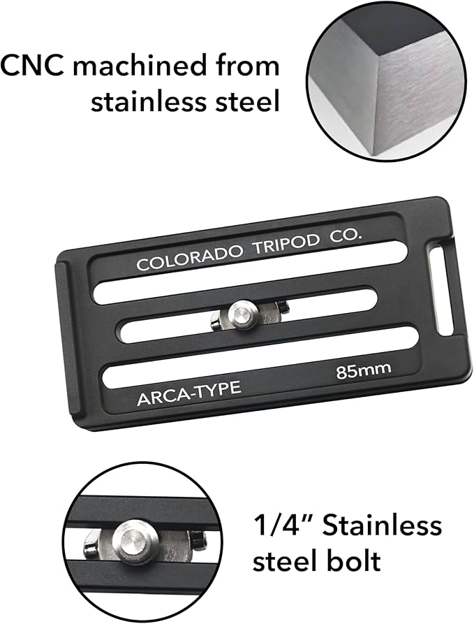 Breakthrough Photography 85mm Universal Arca Swiss Quick Release Plate for Tripod Ball Head with Hand-Adjustable Stainless Steel Screw & Removable Rear Stopper - Gunmetal Color
