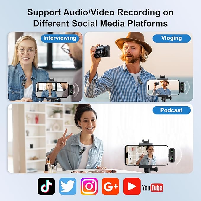 Mini Lavalier Microphone for iPhone/Android/PC, Lav Mic with 45H Battery, Noise Cancellation, 48KHz 16-Bit, Wireless Mic for Video Recording, Tiktok, YouTube, Vlog