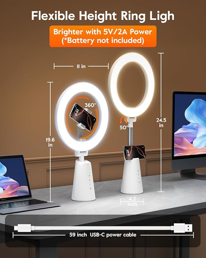 11" True-Color Phone Ring Light with Stand & Dual Phone Mounts – CRI 98+ Soft Desk Selfie Light, 224 LEDs, 4 Color Modes, Touch Control for Makeup, Live Streaming, Video Recording, Zoom Calls & TikTok