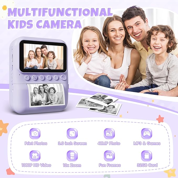 Kids Camera Instant Print, 3.0'' Screen 48MP Photo Instant Camera for Kids with 32GB Card, 1080P HD Digital Child Printable Camera, Gift for 3-12 Year Old Girls Boys (Purple)