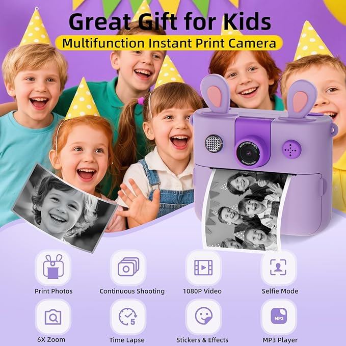 ORGSTA Kids Instant Print Camera for Boys and Girls 1080P HD Toddler Digital Camera with 3 Rolls Print Paper&32G Card, Christmas Birthday Gift Toys for Age 3-16 Kids Portable Travel Digital Camera Toy