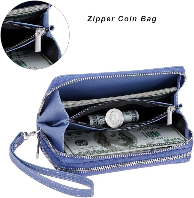Cellphone Wallet for Women Dual Zipper Long Purse with Removable Wristlet