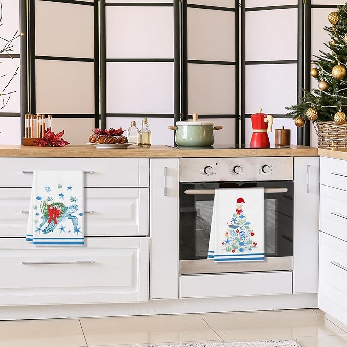 Preboun 6 Pcs Christmas Kitchen Towels Beach Coastal Christmas Decor Ocean Decorative Hand Towels Blue Red Dish Cloth Farmhouse Tea Cloth Kitchen Accessories Bathroom Decor Holiday