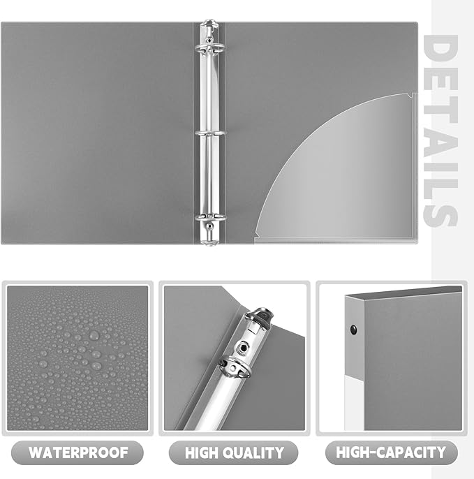 Henoyso 16 Pcs 3 Ring Binder 1/2'' Round Fits Letter Size 8.5'' x 11'' Paper Plastic Flexible Binder Holds 140 Sheets with 1 Pockets Versatile Organizer for Home Office School (Gray)