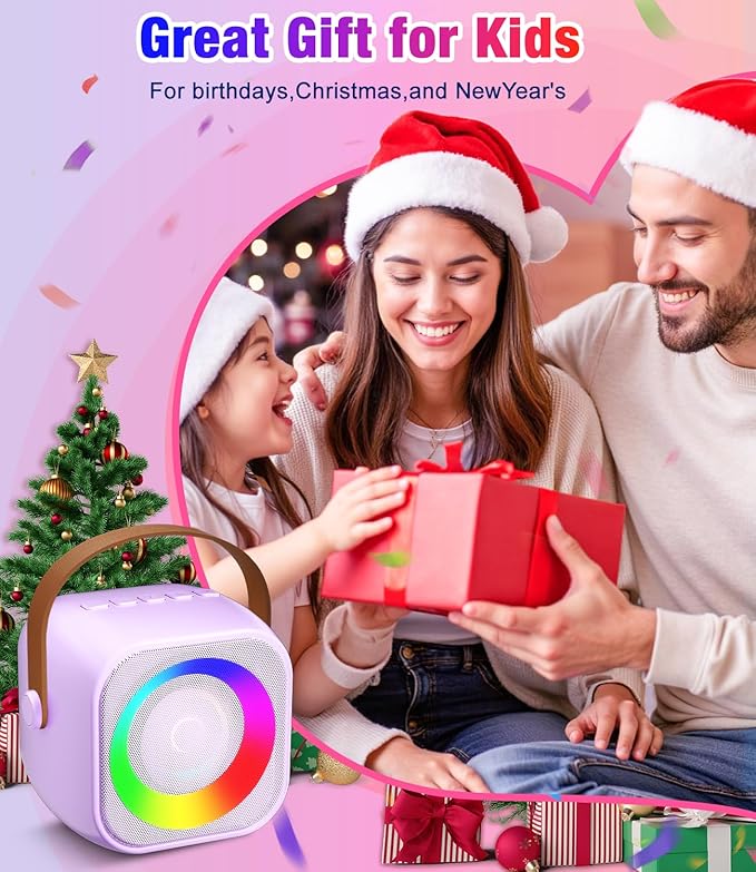 Mini Karaoke Machine, Portable Bluetooth Speaker with 2 Wireless Microphones for Kids & Adults, Karaoke Microphone with LED Lights, Gifts for Girls & Boys_Purple