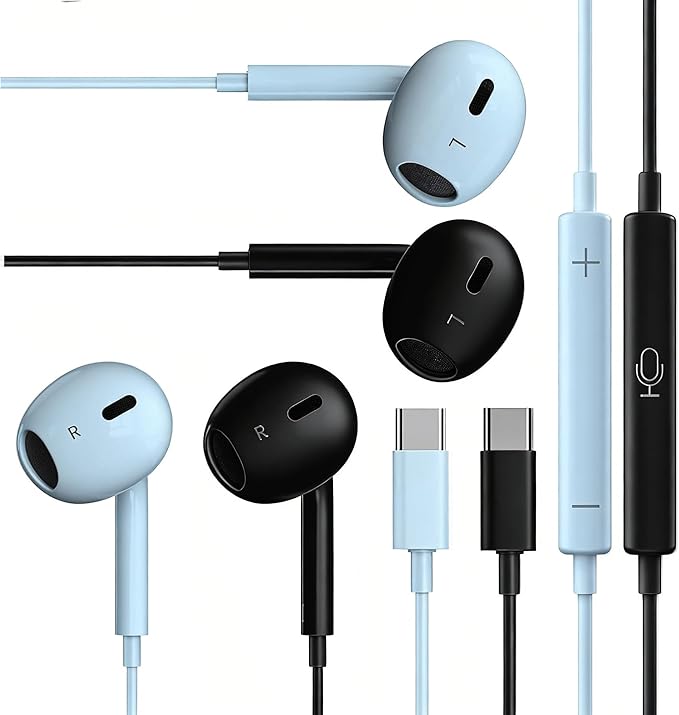 2 Packs USB C Headphones，Type C for iPhone Wired Headphones for iPhone 16/15/17 Earbuds with Mic and Volume Control，Hi-Fi Stereo In Ear Earphones for Galaxy S24/S23~S20/Note 10/20 (Black+Blue)