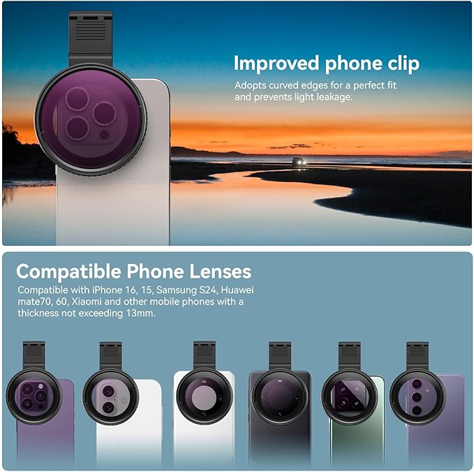 APEXEL 67mm Variable ND2-32 ND Filter for iPhone/DSLR Neutral Density Filter for iPhone Camera Lens 16 15 14 13 12 Pro Max Samsung Galaxy Huawei with Adapter Ring, Universal Clip, Cold Shoe