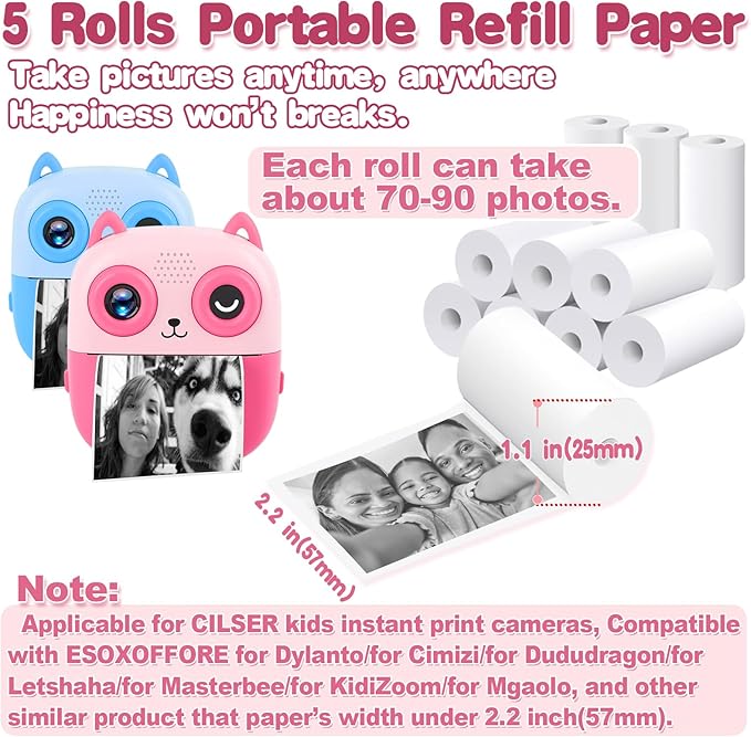 5 Rolls Premium Mini Thermal Printer Sticker Paper, 57 X 25mm, Mini Printer Sticker Paper for Most Kids Instant Camera, Kids Instant Camera Refill