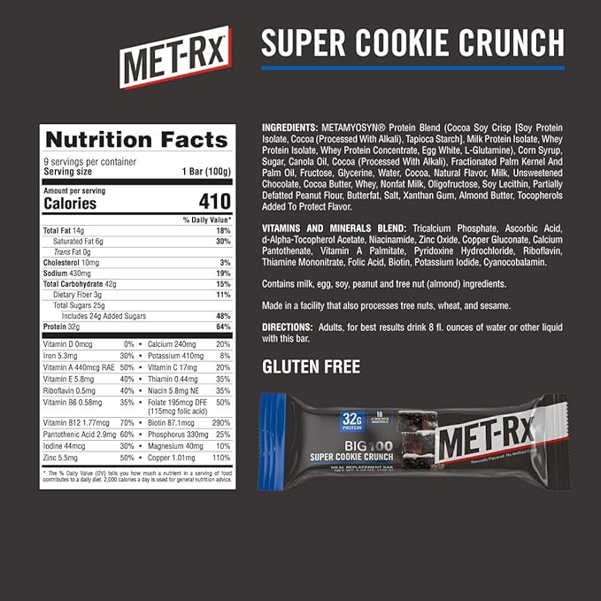 MET-Rx Big 100 Protein Bar, Meal Replacement Bar, 32G Protein, Super Cookie Crunch, 3.52 Oz (Pack of 9)