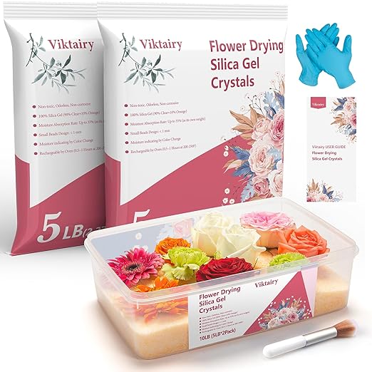 10 LBS Silica Gel Flower Drying Crystals, Reusable Color Indicating Flower Drying Silica with Airtight Container and Brush, DIY Wedding Bouquet Flower Preservation Kit, Fine Bead Size<1mm