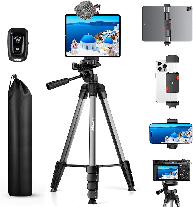 MACTREM 67" Tripod Stand for iPad iPhone Tablet Camera with 2 in 1 Mount & Wireless Remote, Aluminum Extendable Phone Tripod for Video Recording/Selfies/Live Stream/Vlogging (Grey)