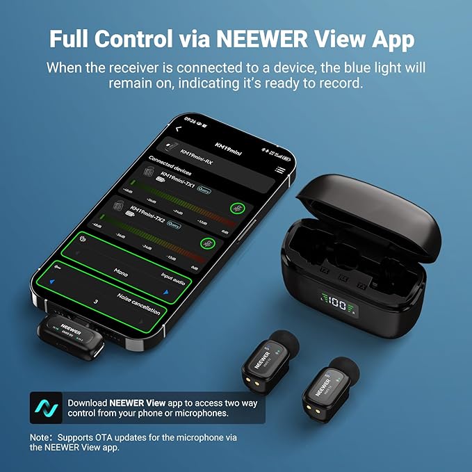 NEEWER KM19 Lightweight Wireless Lapel Microphone, 48kHz/24bit 30H Battery 3-Level Noise Cancelling Mute Stereo 100m Range Mini Lav Mic with App Control, Compatible with iPhone Android Phone PC