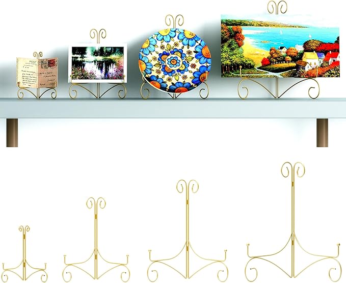 HEMYLU Plate Display Stands with Hinged Folding Design, 8 Inch Picture Frame Stand for Tables, Decorative Easels for Plates, Photos, Cards and Books, 8’’ Gold, 2-Pack