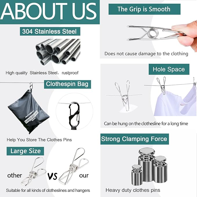 (50PCS) Stainless Steel Laundry Clothes Pins Heavy Duty Outdoor, Clothespins for Hanging Clothes, Metal Clips, Metal Snack Bag Chip Clips for Food Packages, Mini Clothes pins