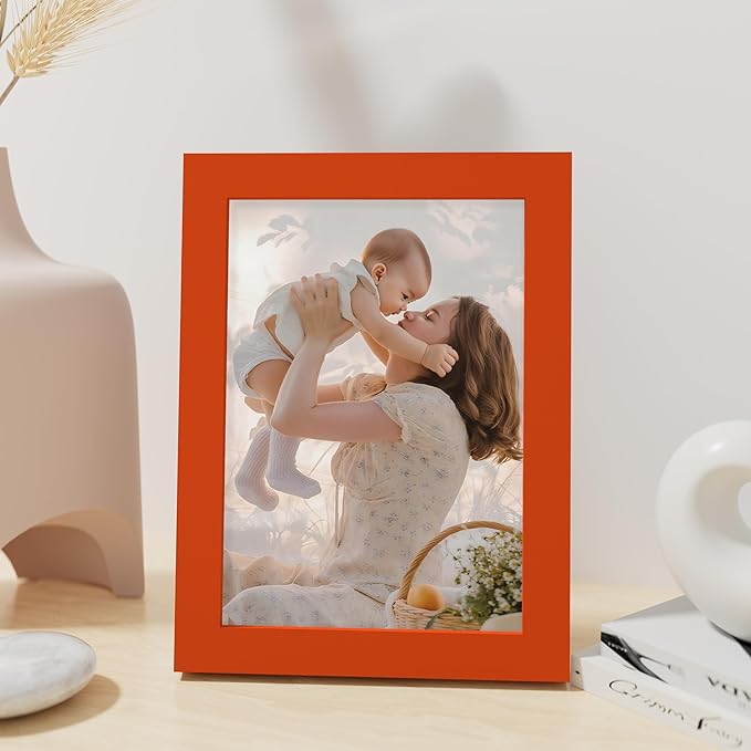 Vittanly 5x7 Picture Frame, Made of Solid Wood and Shatterproof Plexiglass, Wooden Photo Frame for Wall Mounting or Tabletop Display, Picture Frame for Home Decor with Stand, Orange, 1 Pack
