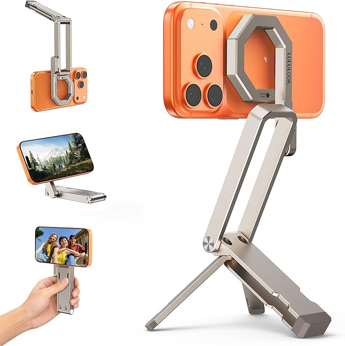LULULOOK Rugged Magnetic Phone Tripod Stand for iPhone/Pixel 10 - Portable Strong Magnetic Phone Holder for Magsafe - Tripod Mount for iPhone 13/14/15/16/17 Pro Max & Air (Titanium)