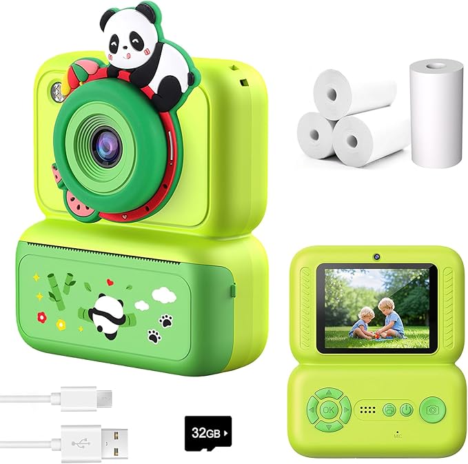 Kids Camera Instant Print, Instant Camera with 4 Roller Photo Paper & 32GB Card, 1080P Dual-Lens Digital Camera for Kids, Boys and Girls Toys Gifts for Teenage Girls Kids Toys for Ages 8-13 (Green)