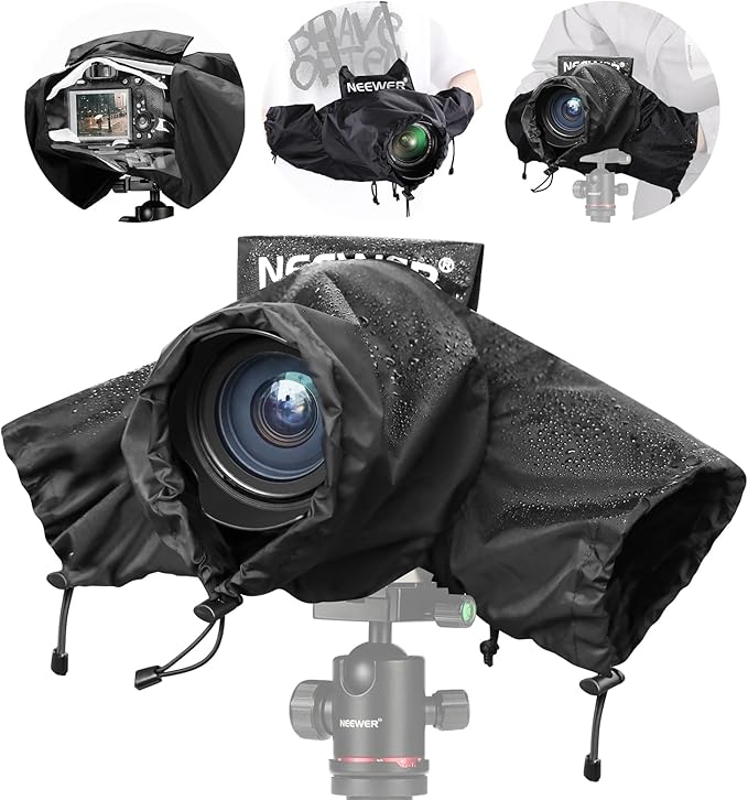 NEEWER Camera Rain Cover, Small Size Durable Nylon Raincoat Compatible with Canon Sony Nikon DSLR Mirrorless Vlog Camera & Lenses Within 200mm, with Sleeves, Drawstrings, Viewing Window, PB003