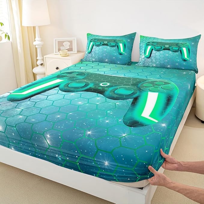Gaming Sheet Sets for Boys King Size Gamer Bedding Green Gradient Honeycomb Hexagon Print Flat Sheet Video Games Fitted Sheet 3 Pcs Modern Soft Microfiber All Season Machine Washable Bed Sheet