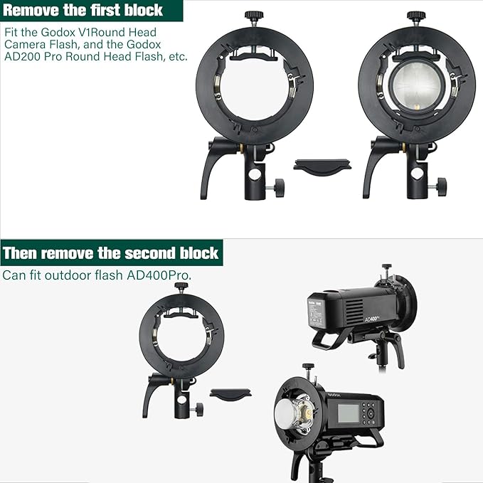 GODOX S2 Speedlite Bracket Bowens Mount Holder + Cold Shoe Flash Mount for Godox V1 Series, AD200Pro, AD200, AD400Pro, V860II Series, TT350 TT685 TT600 Series Flash