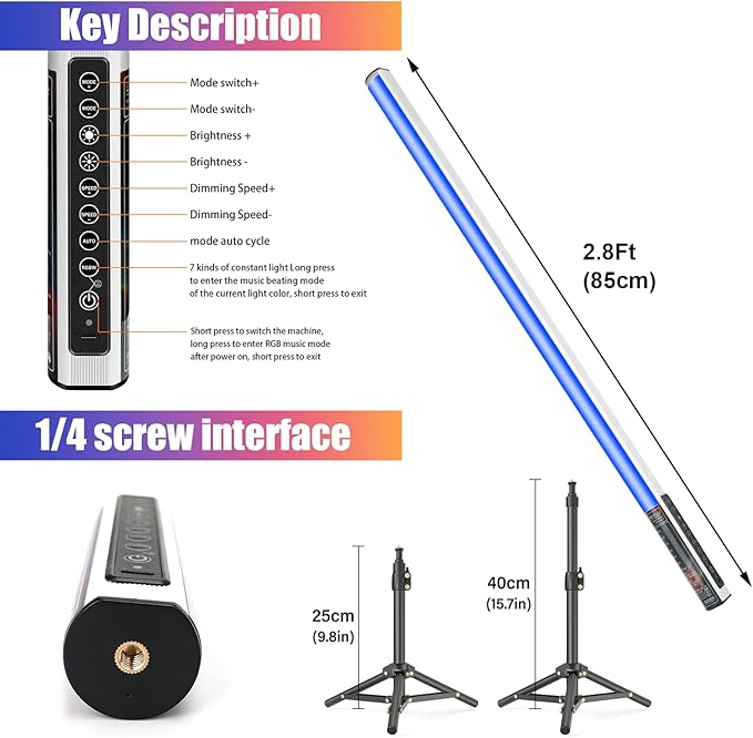 luxceo 4Pack RGB Tube Light Bar with Light Stand, Battery Powered LED Video Light Wand Stick with Remote Control for DJ Lighting, Dance Club and Photography Lighting (2.8Ft)