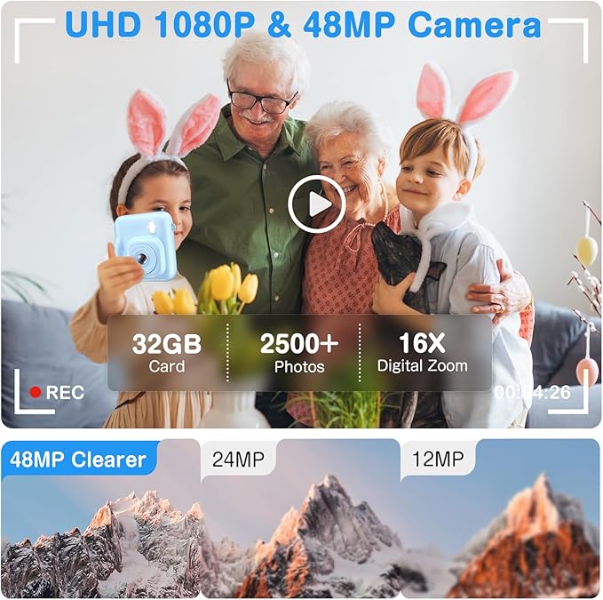 Kids Camera Instant Print, Dual-Lens 48MP Digital Camera for Christmas Birthday Gifts, 1080P Selfie Instant Cameras for Kids with 32GB Card, Print Digital Cameras for Girls Boys-Blue