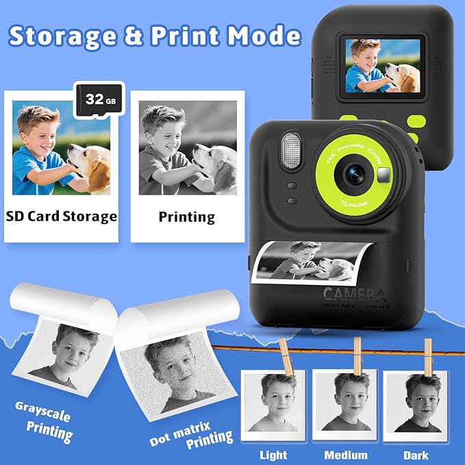 Okaloka Kids Instant Print Camera Toys,1080P HD Toddler Digital Video Camera,Birthday Christmas Gifts for Girls Boys age 3-12 Year old - 32G SD Card Included (Black)