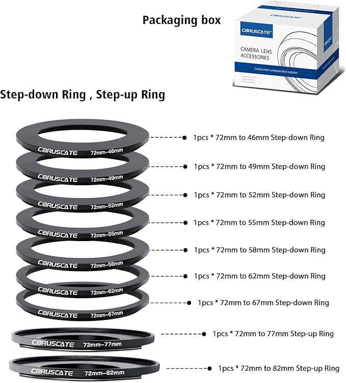 9Pcs 72mm Filter Ring Adapter Set,Filter Metal Stepping Rings for All Brands UV ND CPL 72-46mm,72-49mm,72-52mm,72-55mm,72-58mm,72-62mm,72-67mm,72-77mm,72-82mm