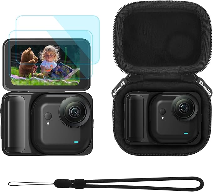 Flymile Small Carrying Case + 2 Pack Screen Protector for Insta360 GO Ultra, PU Hard Portable Travel Storage Bag With Carabiner & Wrist Strap, Tempered Glass Film Protective Lens Cover Accessories Kit