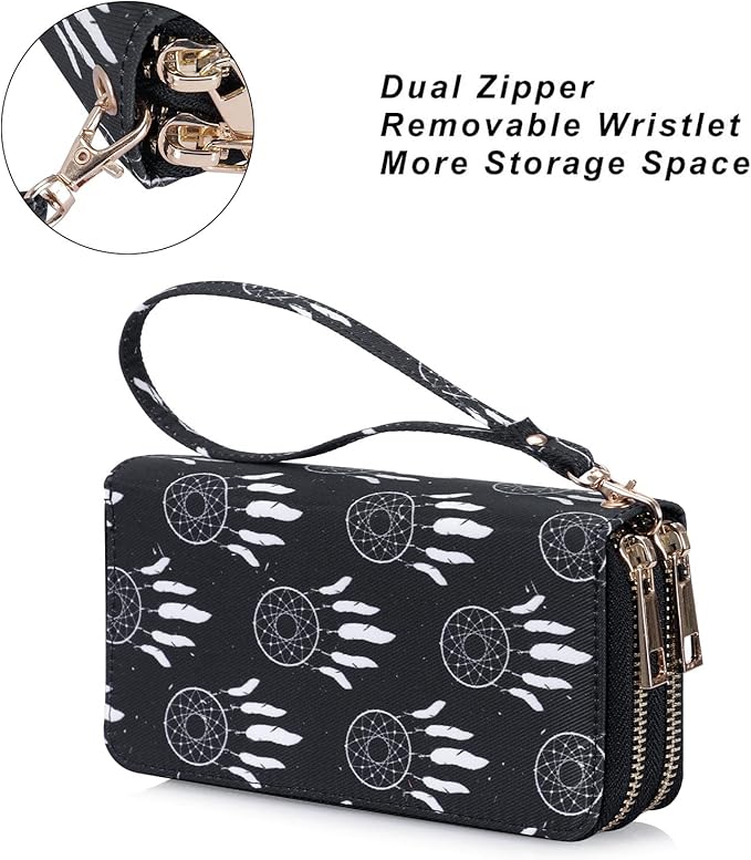 Cellphone Wallet for Women Dual Zipper Long Purse with Removable Wristlet